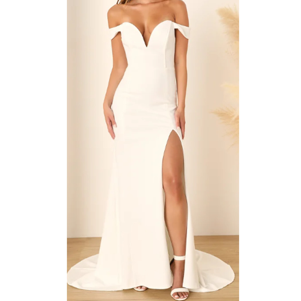 Lulu's Elegant Off-Shoulder White Wedding Dress